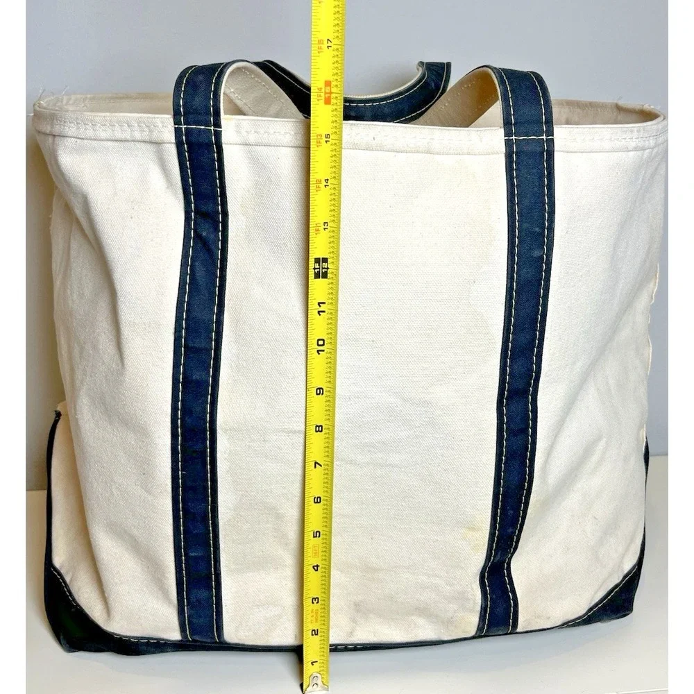 Vtg LL Bean Boat and Tote Bag XL 80s Cream Black Trim Stiff Zip Closure Canvas